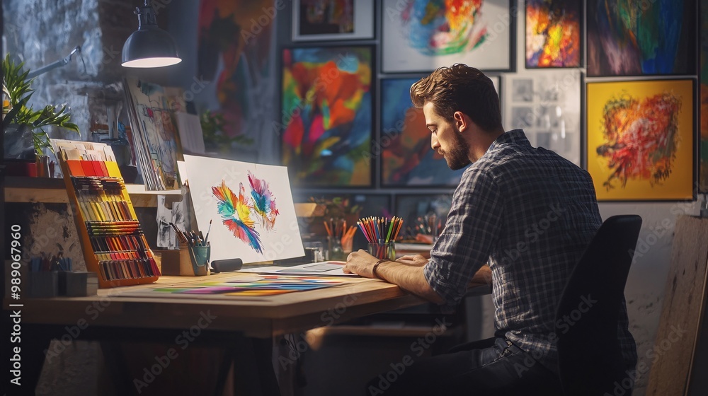 Fototapeta premium Artist Working on Abstract Painting in Studio