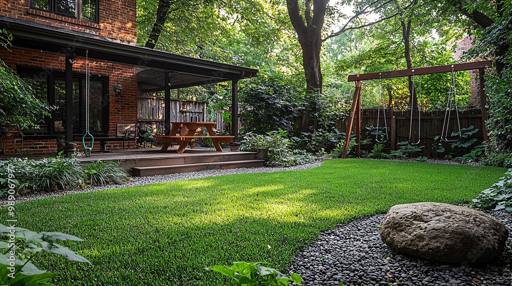 Backyard Oasis with Green Grass Stone Path and Wooden Picnic Table Backyard Oasis with Green Grass Stone Path and Wooden Picnic Table