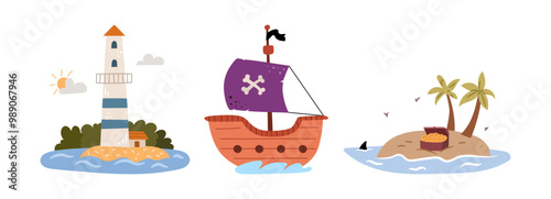Cartoon sea landscapes. Vector tropical uninhabited empty land island with palm trees and treasure chest, pirate ship with bones on sail and black flag, lighthouse on isle with greenery