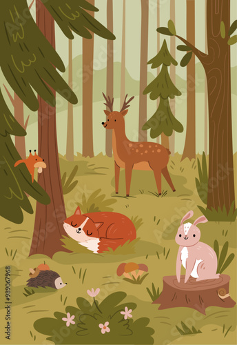 Cute forest with wild animals and fir trees, green grass and bushes background. Vector illustration of wild dear and fox, rabbit and squirrel, hedgehog with apple. Scenery landscape, park panorama
