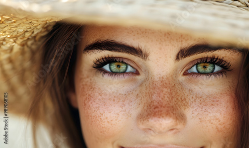 Portrait of beautiful woman hiding behind a straw hat at beach