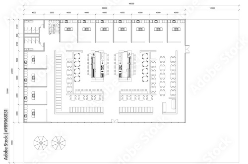 Wallpaper Mural 2D top view floor plan of a canteen or food court with detailed notations, providing an interior layout reference for similar building types and design considerations in planning and construction Torontodigital.ca