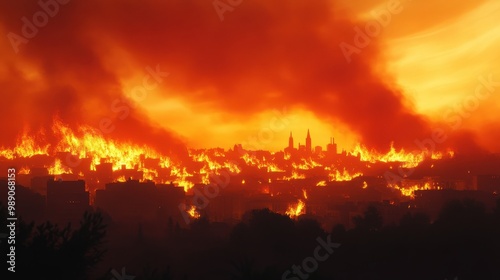 A massive fire engulfs a city at sunset, with thick smoke and towering flames consuming buildings, creating a devastating urban disaster. photo