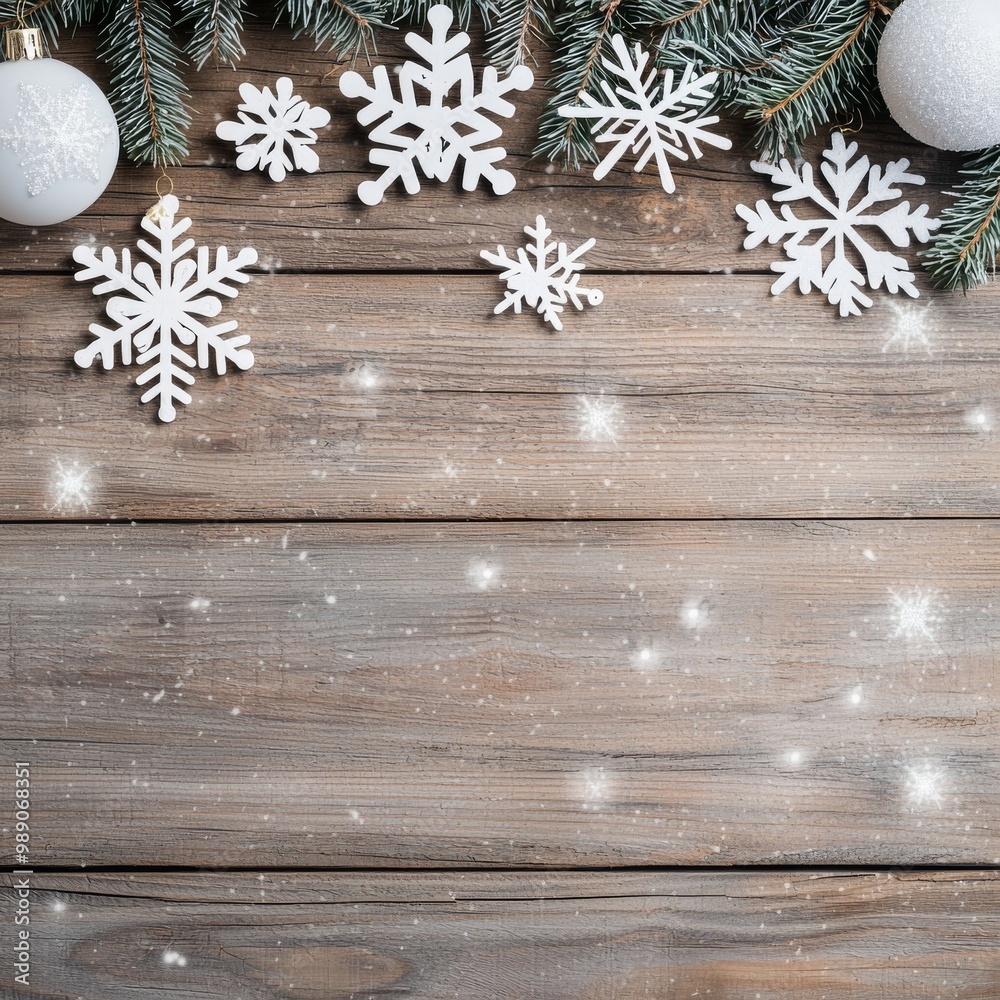 Rustic Wooden Christmas Background with Snowflakes and Ornaments Rustic Wooden Christmas Background with Snowflakes and Ornaments