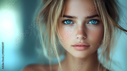 Stunning Portrait of a Woman with Blue Eyes and Freckles