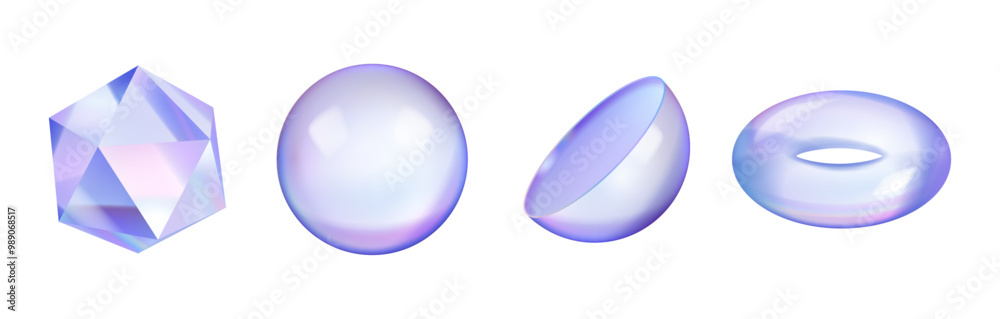 3D glass holographic isolated set of gradient figures. Vector illustration of abstract hologram textures, pearly sphere shapes, circle and half circle figure. Can be used for invitations