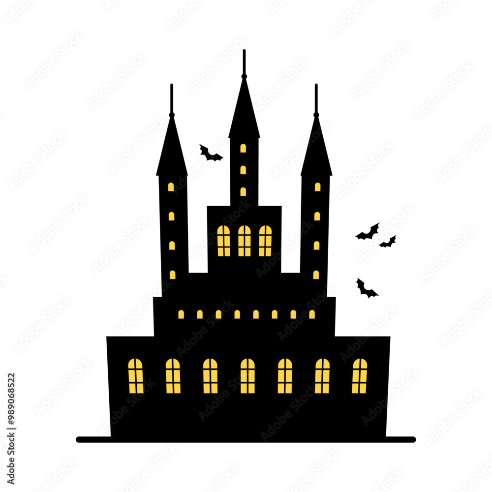 Haunted house or medieval Halloween castle with light in windows. Vector isolated gothic architecture. Flying scary bats and spooky atmosphere. Autumn holiday greeting or invitation card decor Haunted house or medieval Halloween castle with light in windows. Vector isolated gothic architecture. Flying scary bats and spooky atmosphere. Autumn holiday greeting or invitation card decor