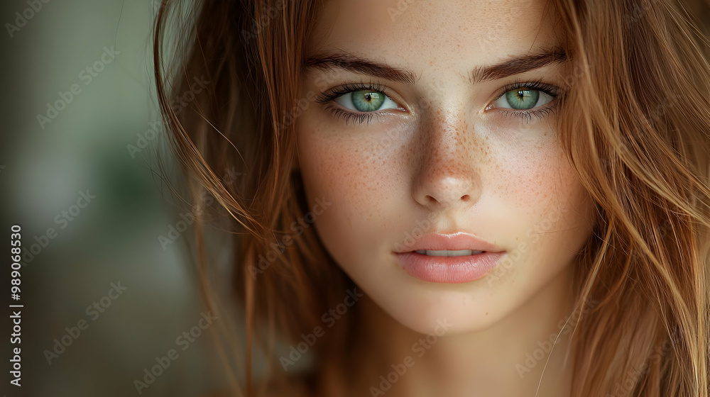 Close-Up Portrait of a Woman with Freckles and Green Eyes Close-Up Portrait of a Woman with Freckles and Green Eyes