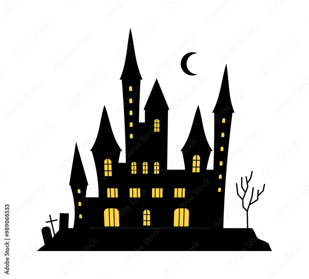Halloween castles with towers and light in windows. Vector isolated old medieval fortress and full moon, cemetery tombstones and bare tree. Autumn holiday decoration for greeting cards haunted house Halloween castles with towers and light in windows. Vector isolated old medieval fortress and full moon, cemetery tombstones and bare tree. Autumn holiday decoration for greeting cards haunted house