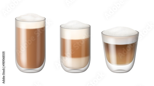 Cappuccino or latte macchiato coffee drink glass realistic isolated glass cups on white. Cold frozen or hot coffee, refreshing aromatic energy drink. Delicious iced beverage with foam and cream