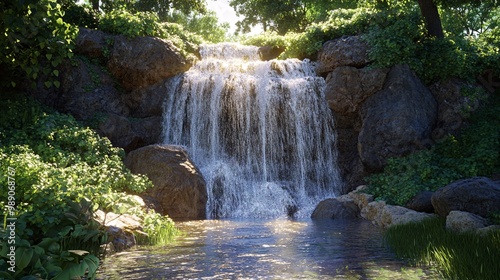 Tranquil Waterfall in Lush Green Forest