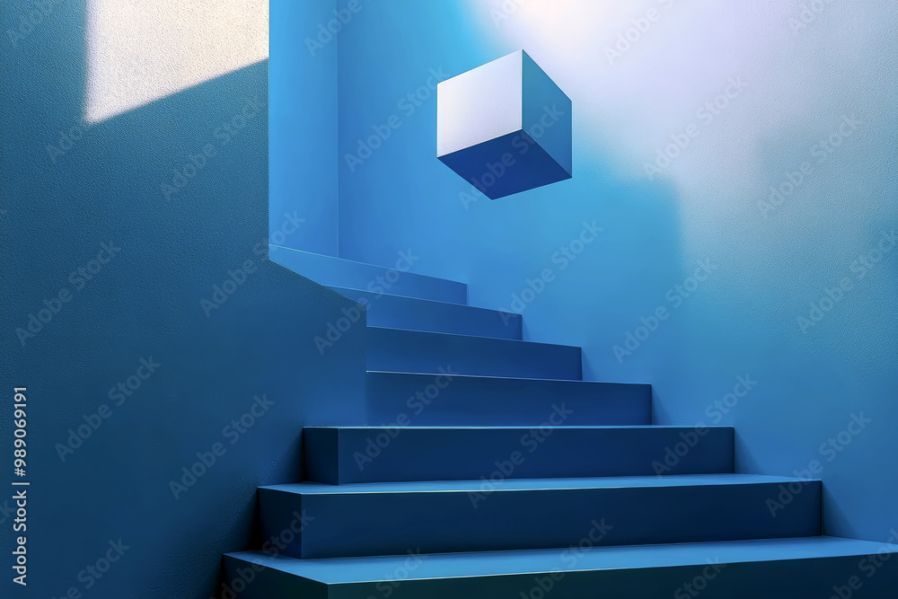 Fototapeta premium Blue cube floating above blue stairs abstract illustration.