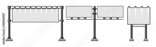Billboard mockups, advertising templates. Vector isolated realistic signboard. Outdoor promo blank board for advertising media. Large banner screen with frontal up and down light projection