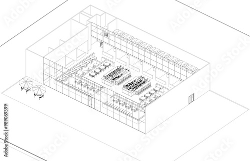 3D axonometric illustration of a canteen, food court, or food bazaar plan, showcasing the building's interior layout as a reference for similar building types and interior design applications