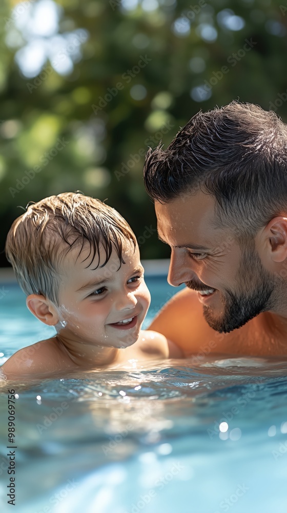 Vater und Sohn verbringen Zeit an einem sonnigen Tag im Pool - Familie, Sommerspaß, freudige Verbindung Vater und Sohn verbringen Zeit an einem sonnigen Tag im Pool - Familie, Sommerspaß, freudige Verbindung