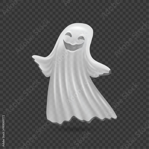 Ghost character with eerie smile on face. Vector apparition from haunted house, creature or personage for frightening. Holiday decoration or costume on transparent background