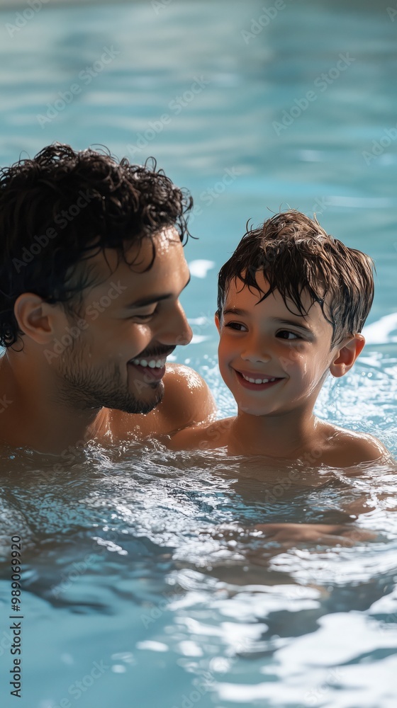 Vater und Sohn im Schwimmbad – Sommerspaß und Lernen Vater und Sohn im Schwimmbad – Sommerspaß und Lernen