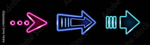 Neon right arrows, isolated pointer symbols. Vector shining retro light signs. Banner design, advertising signboard elements. Illuminating indicators for casinos and nightclubs, bar or motels