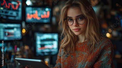 Young Woman in Glasses Using Tablet with Stock Market Data on Screens in Background