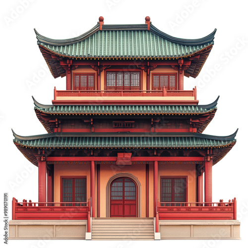 Traditional Asian temple with intricate design, isolated on white background transparent background