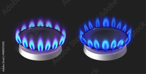 Glowing fire ring on kitchen stove in side view. Vector isolated set of gas burner with blue flames. Home appliances for cooking dishes and preparing meal. Propane butane in oven or cooktop