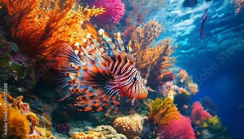 Colorful lionfish swimming amongst coral reefs in the ocean.