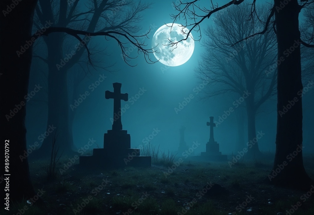 Halloween background with a misty graveyard in forest at night Halloween background with a misty graveyard in forest at night