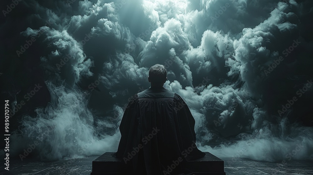 A somber image depicting the silhouette of a judge, in a shadowy, tense atmosphere, representing the hidden crisis of a stressful situation, set against a muted background A somber image depicting the silhouette of a judge, in a shadowy, tense atmosphere, representing the hidden crisis of a stressful situation, set against a muted background