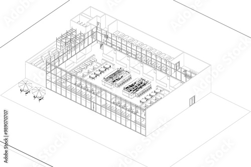 Fototapeta Naklejka Na Ścianę i Meble -  3D axonometric illustration of a canteen, food court, or food bazaar plan, showcasing the building's interior layout as a reference for similar building types and interior design applications