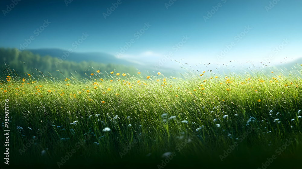 Green Grass Field with Yellow Flowers Blowing in the Wind Green Grass Field with Yellow Flowers Blowing in the Wind