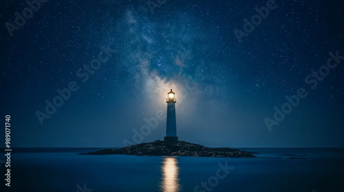 A lighthouse stands tall on rocky island under starry night sky, illuminating calm waters with its bright beam. serene atmosphere evokes sense of peace and wonder