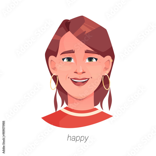 Happy facial expression of woman. Vector isolated flat cartoon character, glad and positive emotions of young lady. Joyful personage in good mood, pleasure or contentment feeling of fulfillment