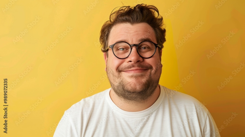 Plus size man with beard standing over yellow background smiling looking up and thinking. Plus size man with beard standing over yellow background smiling looking up and thinking.