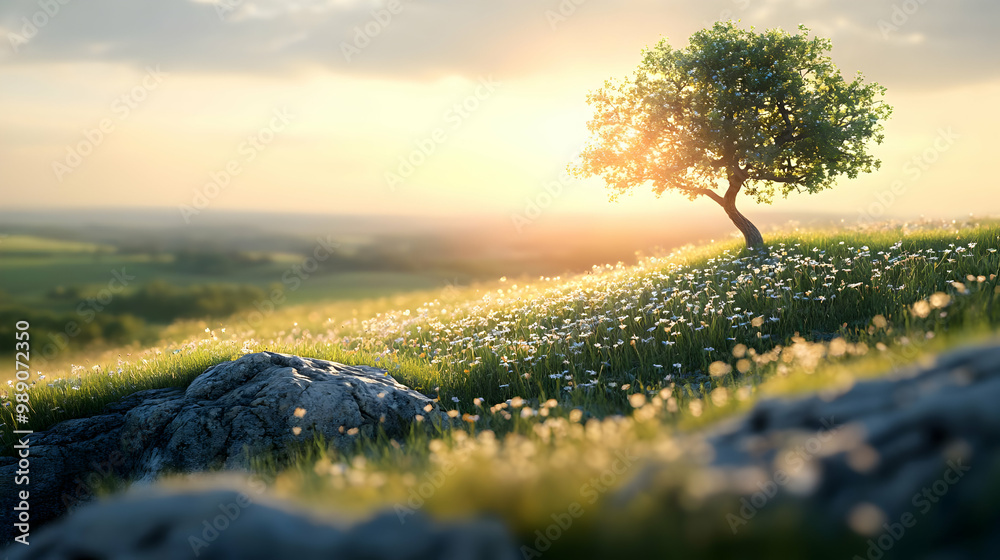 Lone Tree Stands Tall in Field of Flowers at Sunset Lone Tree Stands Tall in Field of Flowers at Sunset