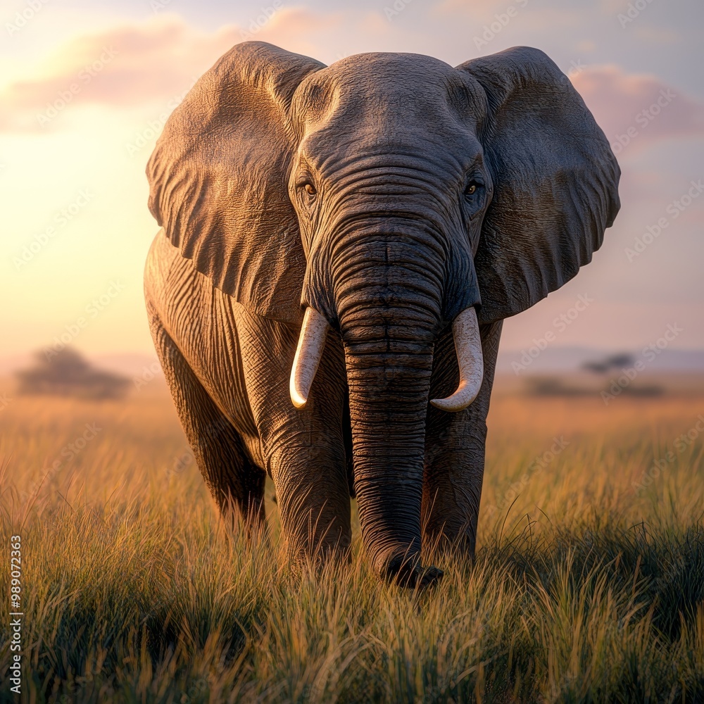 Fototapeta premium Majestic Elephant in African Landscape at Sunset