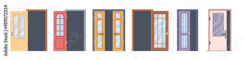 Opening and closing doors with windows. Vector isolated flat set of plastic or wooden door for apartments and dwelling, houses and homes. Construction and building architecture development