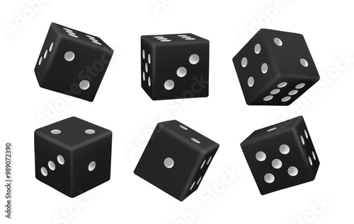 Cubes for gambling games design, casino craps and poker, tabletop or board games. Vector isolated realistic set of black dice with dots, different position in motion. Random numbers, trying luck