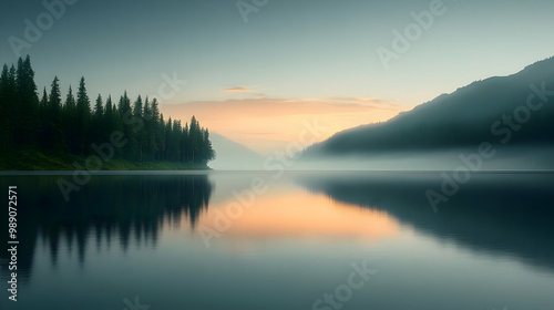 Tranquil Lake Sunrise with Foggy Mountain Reflections