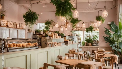  Modern Coffee shop Interior with Green Wall and Hanging Lights