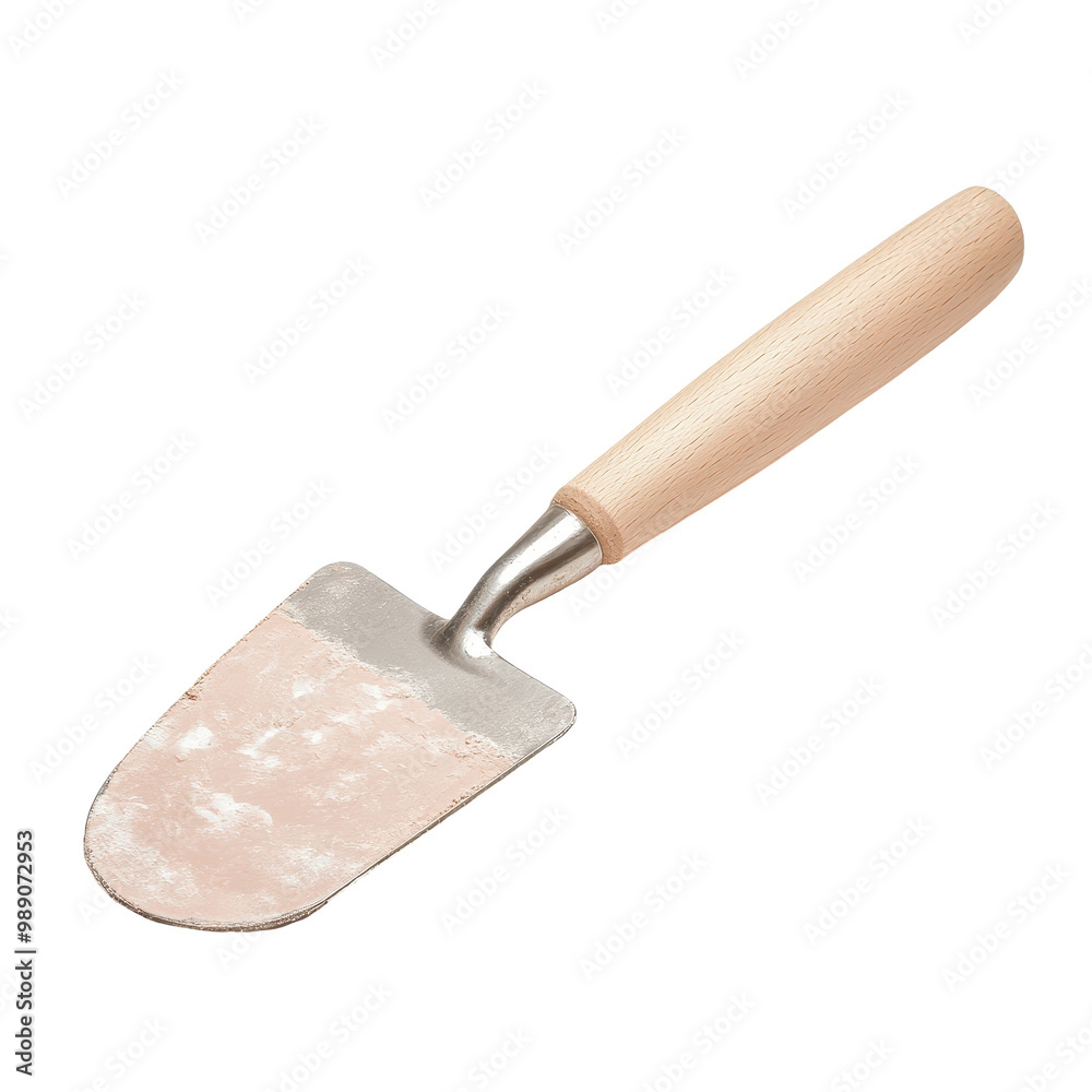 A wooden tool with a silver handle and a pink handle A wooden tool with a silver handle and a pink handle