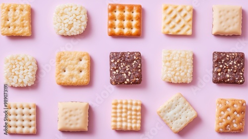 A variety of square cookies arranged on a pink background.