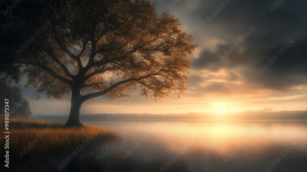 Sunrise Over Water with a Single Tree and Fog Sunrise Over Water with a Single Tree and Fog