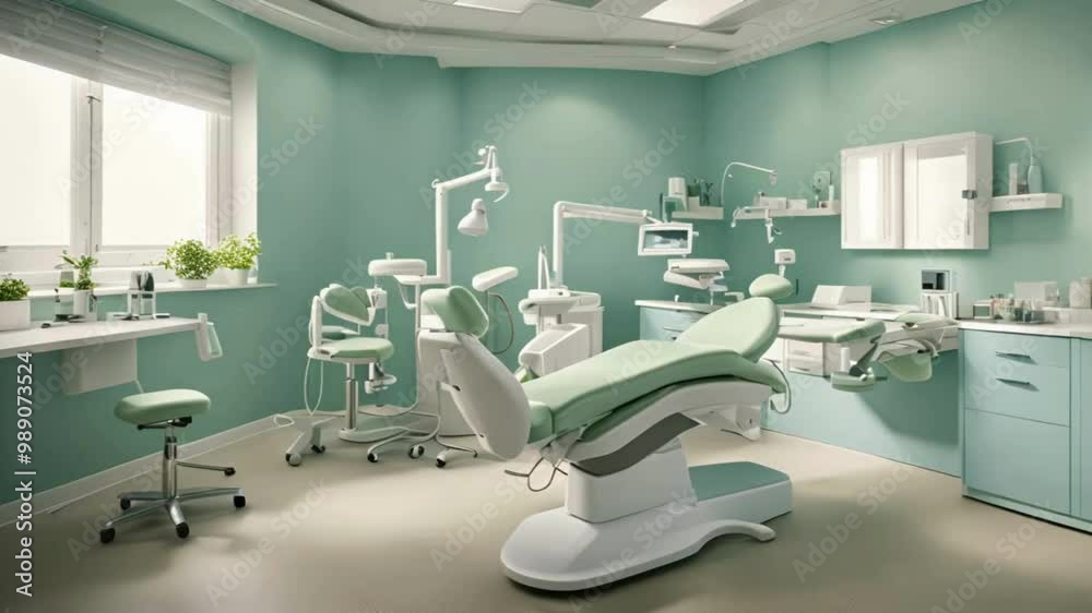 Modern Dental Chair and Equipment in a Green Room Modern Dental Chair and Equipment in a Green Room