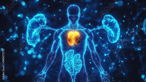 an anatomical illustration highlighting the adrenal glands, representing their role in the endocrine system