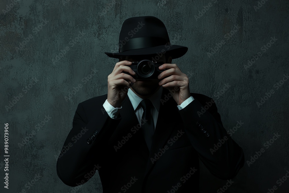 A mysterious figure in a hat capturing a moment with a camera, blending elegance and intrigue against a dark backdrop.