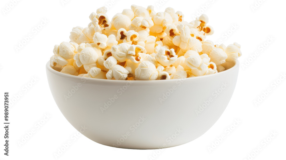 A bowl of popcorn is sitting on a white background A bowl of popcorn is sitting on a white background
