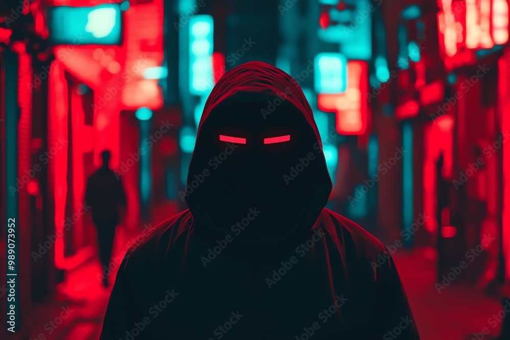 A mysterious figure in a hooded cloak stands in a neon-lit alley, surrounded by vibrant red and blue lights that create an eerie atmosphere. A mysterious figure in a hooded cloak stands in a neon-lit alley, surrounded by vibrant red and blue lights that create an eerie atmosphere.