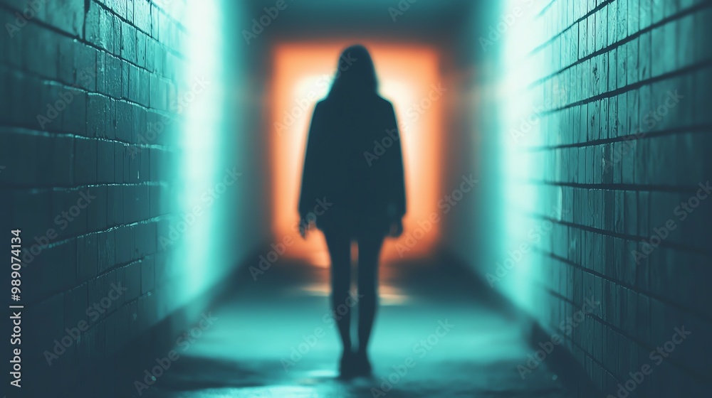 Fototapeta premium A mysterious figure standing in a dimly lit corridor, bathed in ethereal light, evoking a sense of intrigue and suspense.