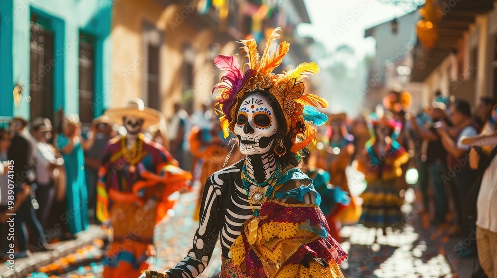 Colorful Day of the Dead Parade with Skeleton Makeup Performers and Celebrating Crowds