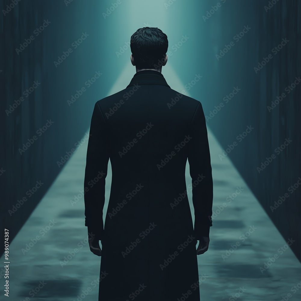 Fototapeta premium A mysterious silhouette of a man in a dark coat, standing alone in a dimly lit corridor, evoking intrigue and suspense.
